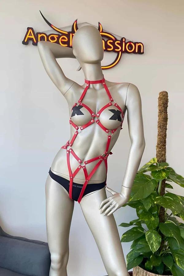 Women's Red Body Harness - Adjustable Faux Leather Lingerie