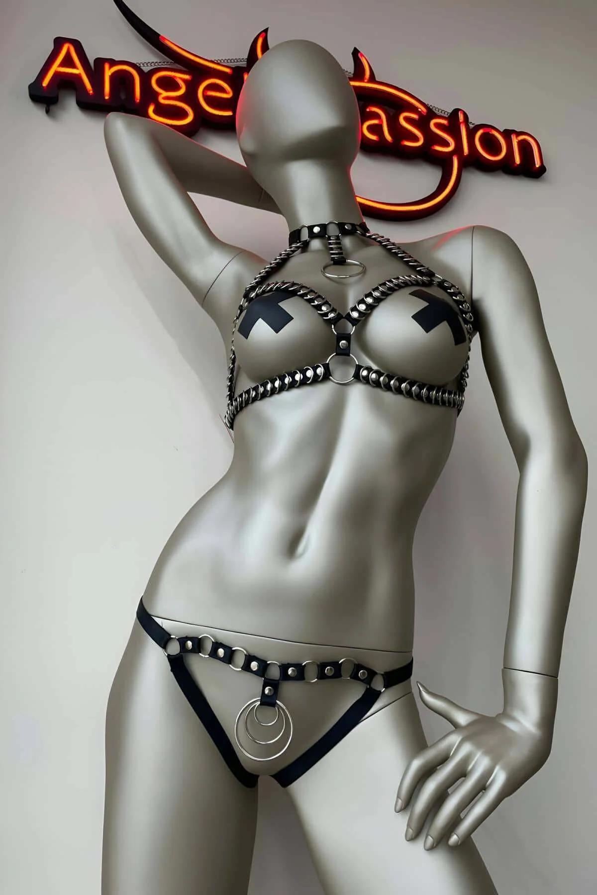 Studded Leatherette Body Harness Lingerie Set