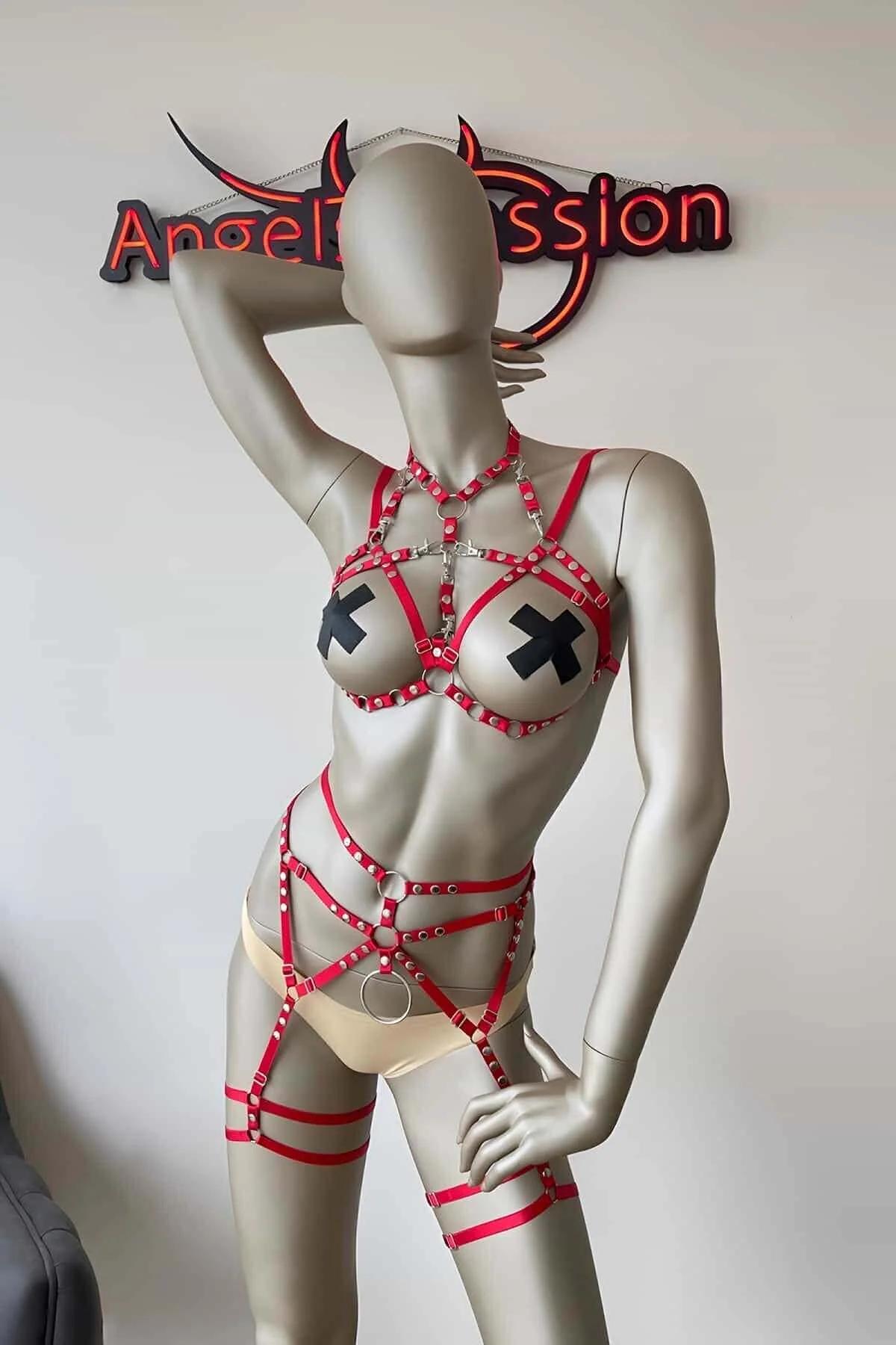 Red Elastic Body Harness Lingerie Set with Garters