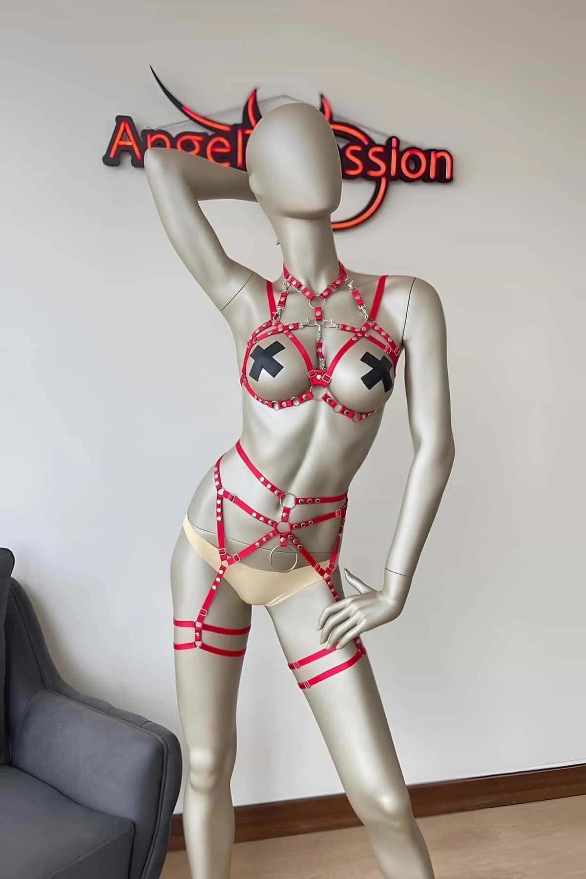 Red Elastic Body Harness Lingerie Set with Garters