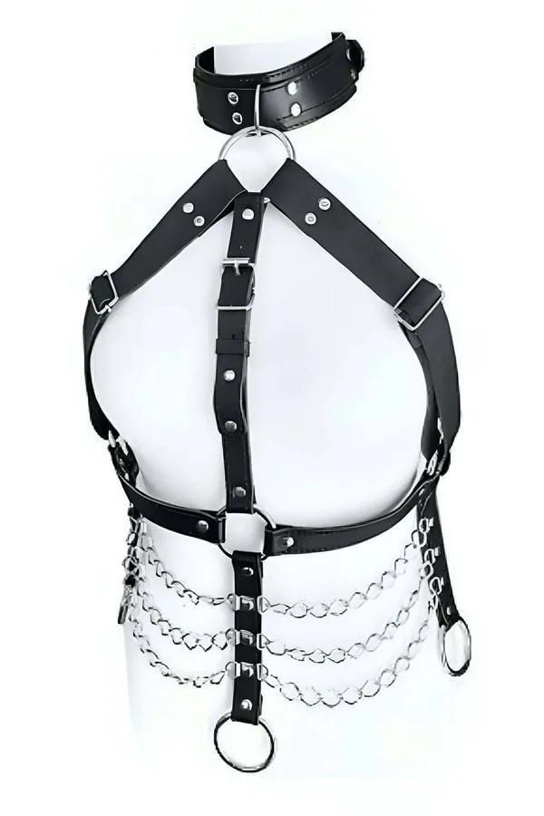 Edgy Faux Leather Chest Harness with Chain - Plus Sizes
