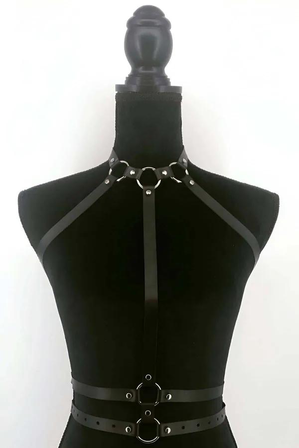 Adjustable Faux Leather Body Harness with Collar & Waist Straps
