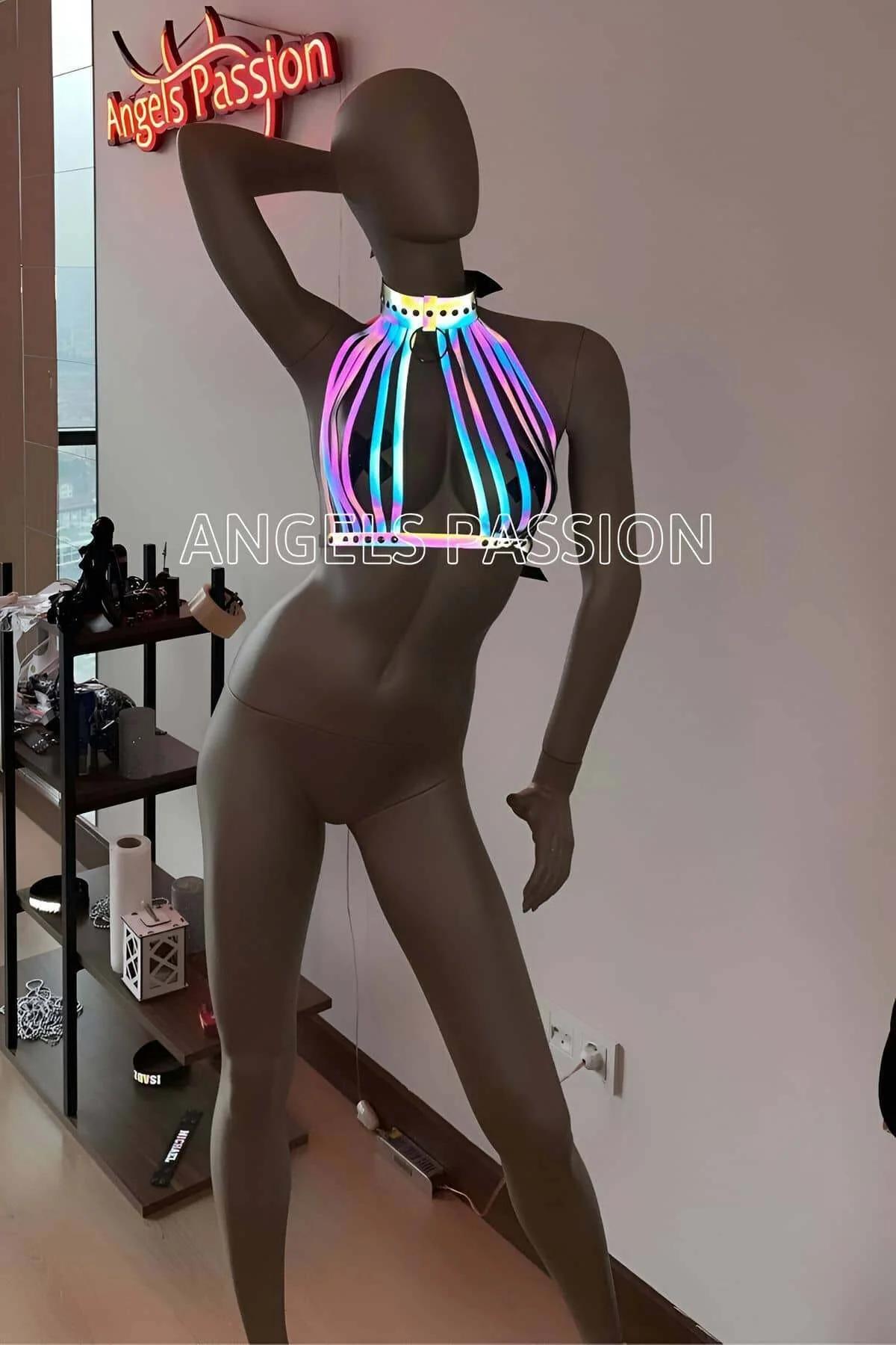 Reflective Rainbow Body Harness Top - Adjustable Clubwear