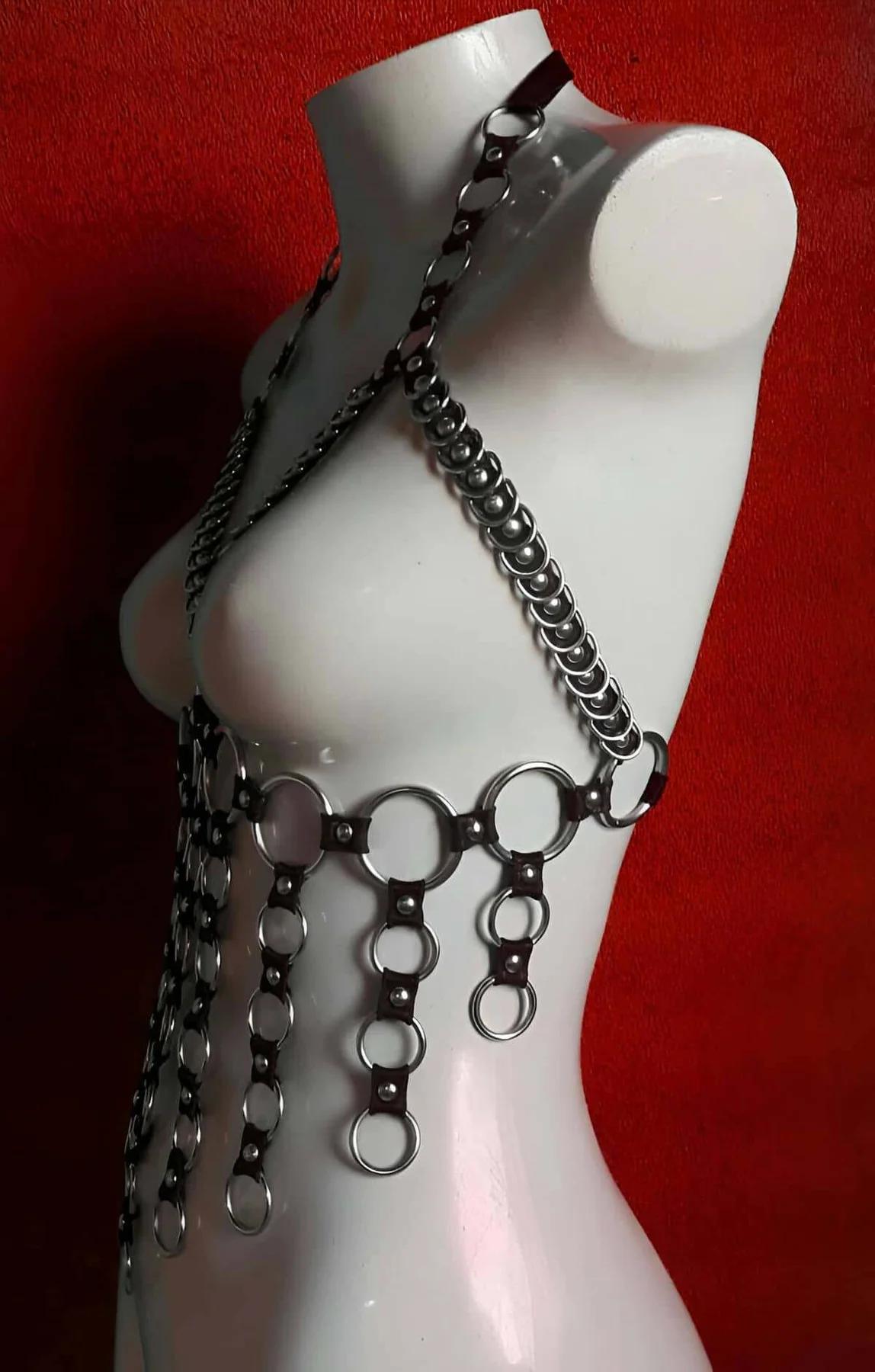 Women's Leather Body Harness with O-Rings - Adjustable Fit