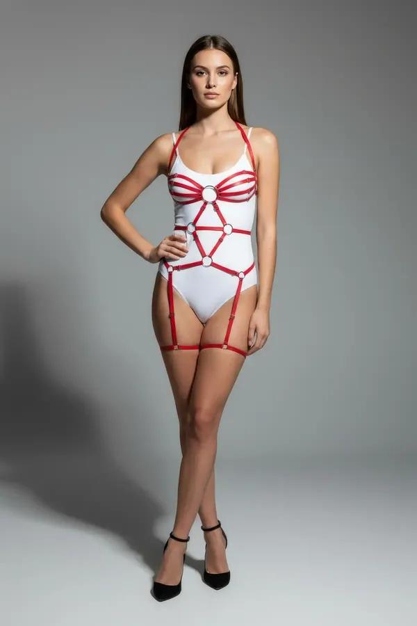 Red Body Harness with Adjustable O-Ring Straps & Garter Detail