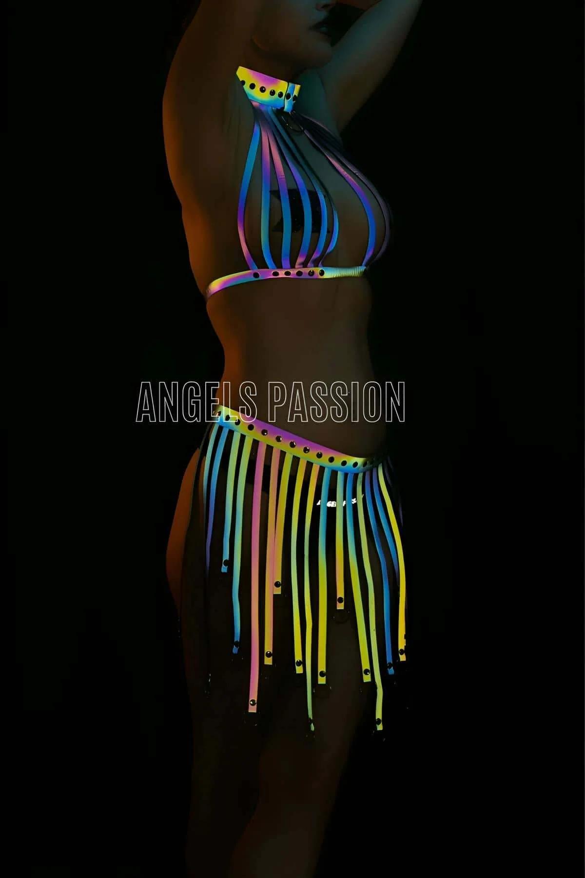 Reflective Harness Rave Outfit with Tassels - Festival Top & Skirt