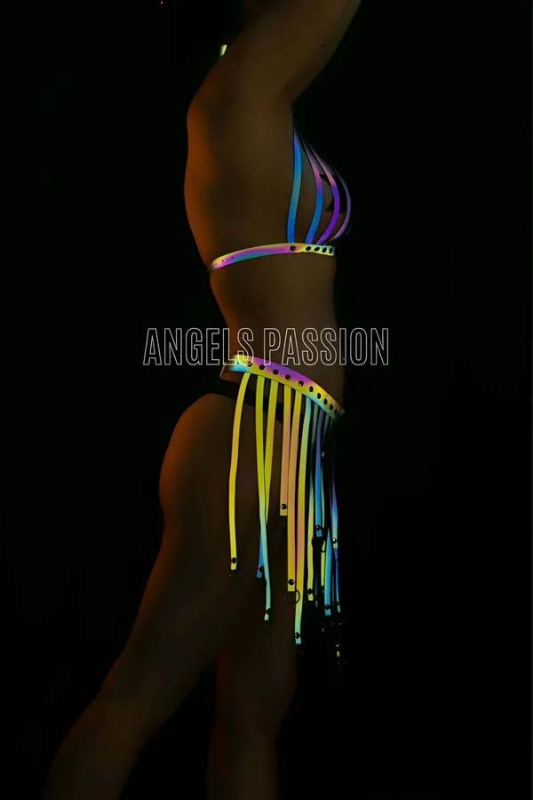 Reflective Harness Rave Outfit with Tassels - Festival Top & Skirt