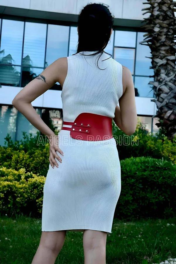 Women's Wide Leather Corset Belt - Adjustable Red Waist Cinch