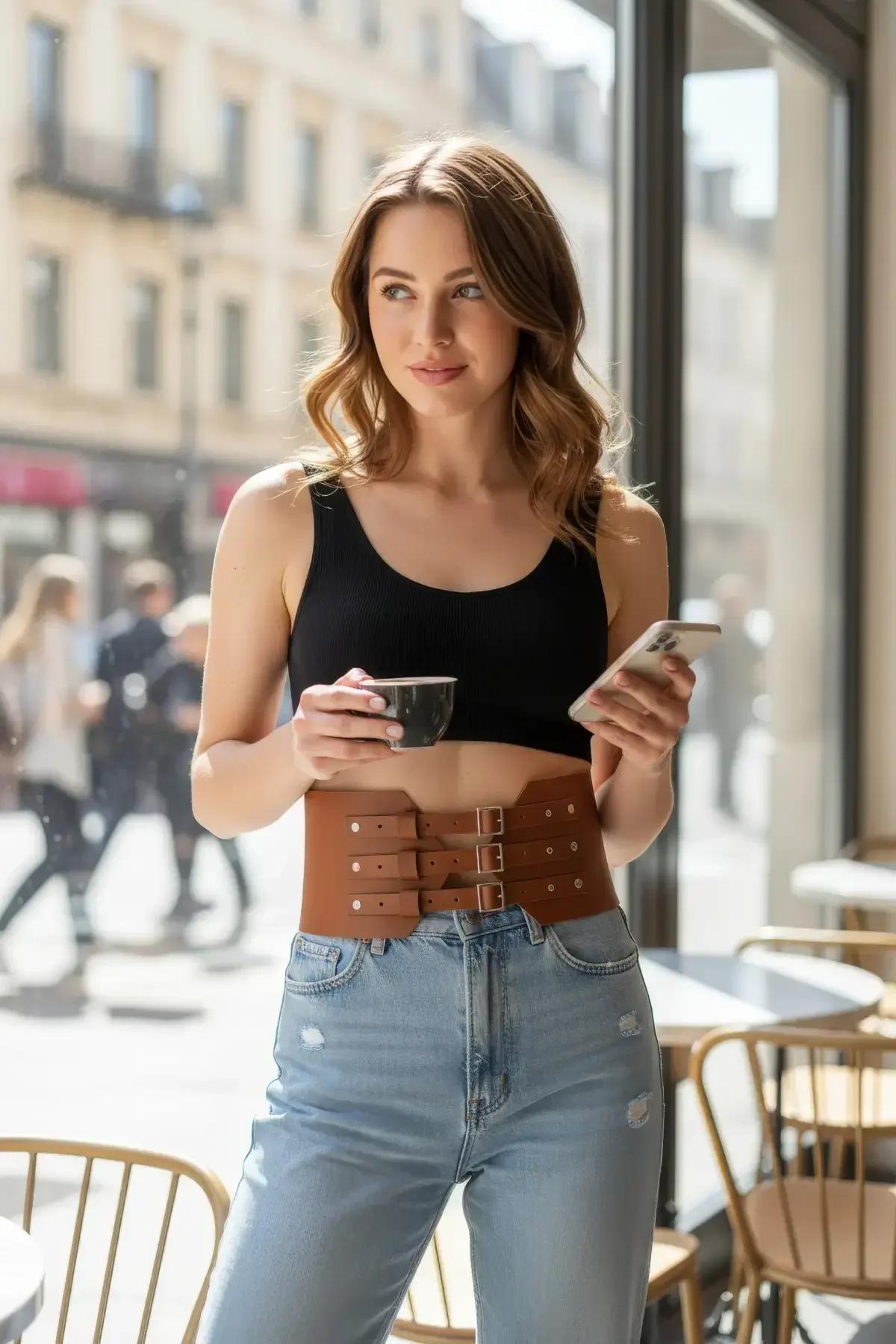 Tan Triple Buckle Waspie Waist Belt