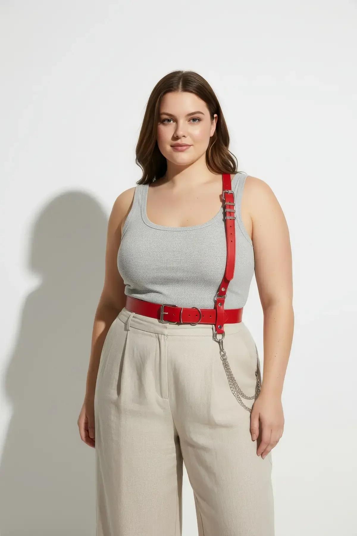 Red Faux Leather Harness Belt with Detachable Chain