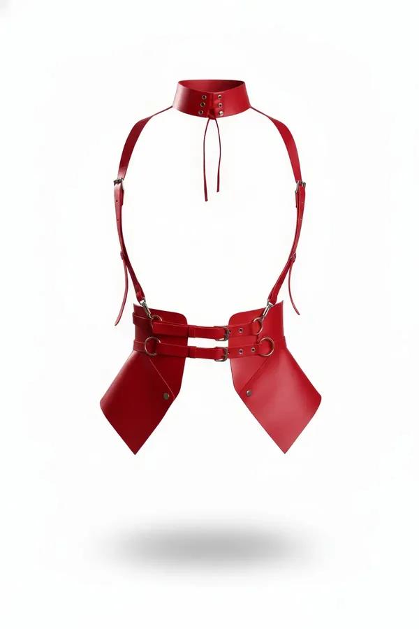 Red Faux Leather Harness with Choker & Hip Panels