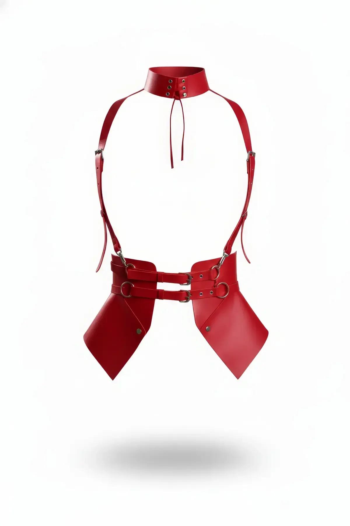 Red Faux Leather Harness with Choker & Hip Panels