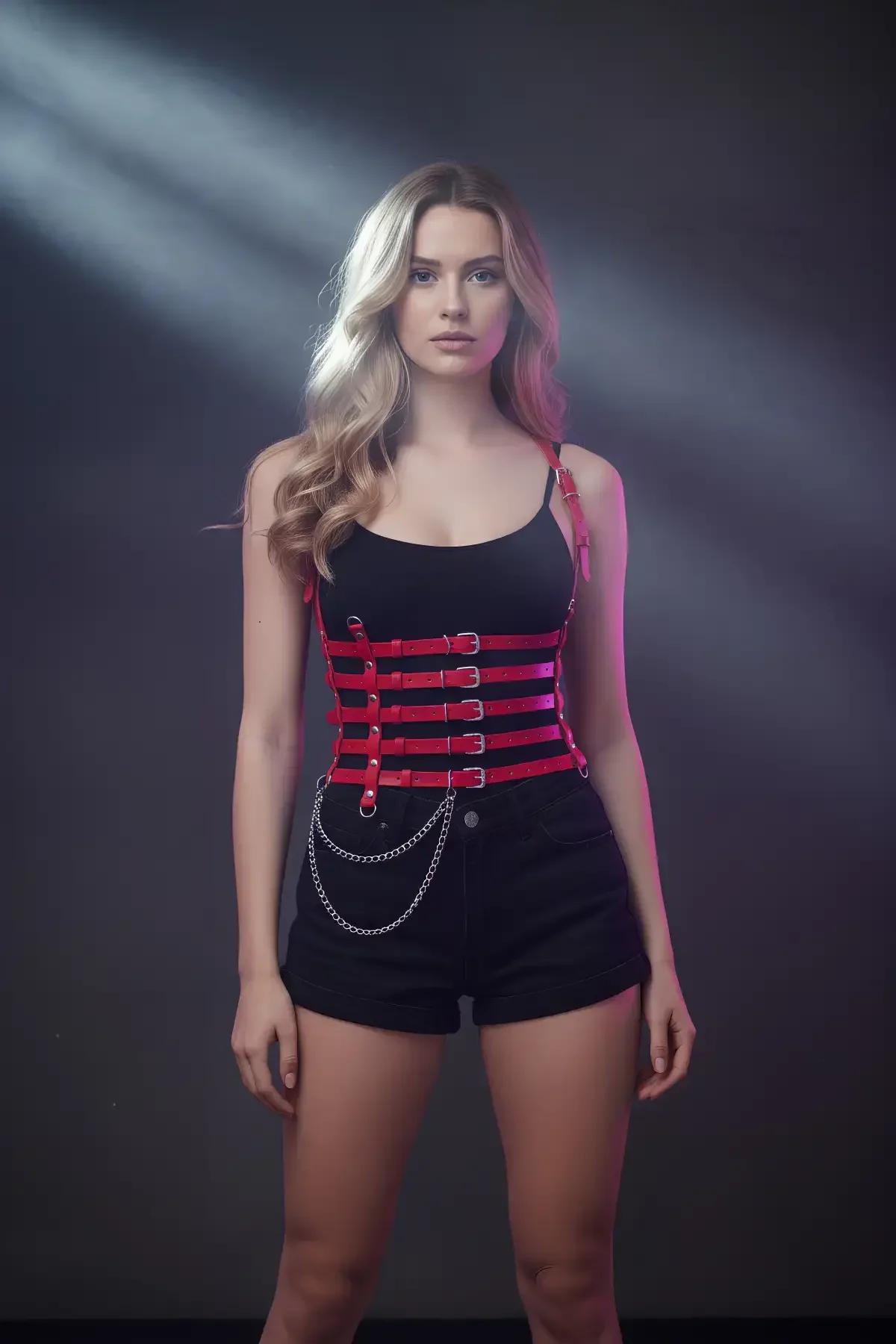 Red Faux Leather Corset Harness with Draped Chain