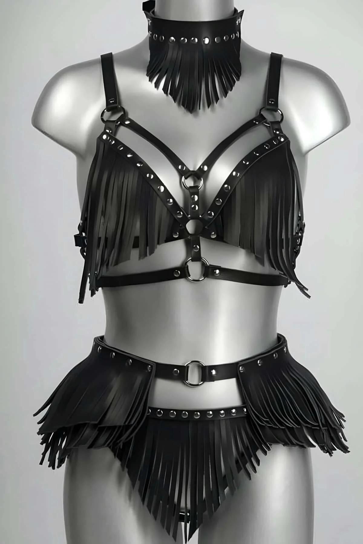 Leather Harness Set with Fringe and Studs - Adjustable Fashion
