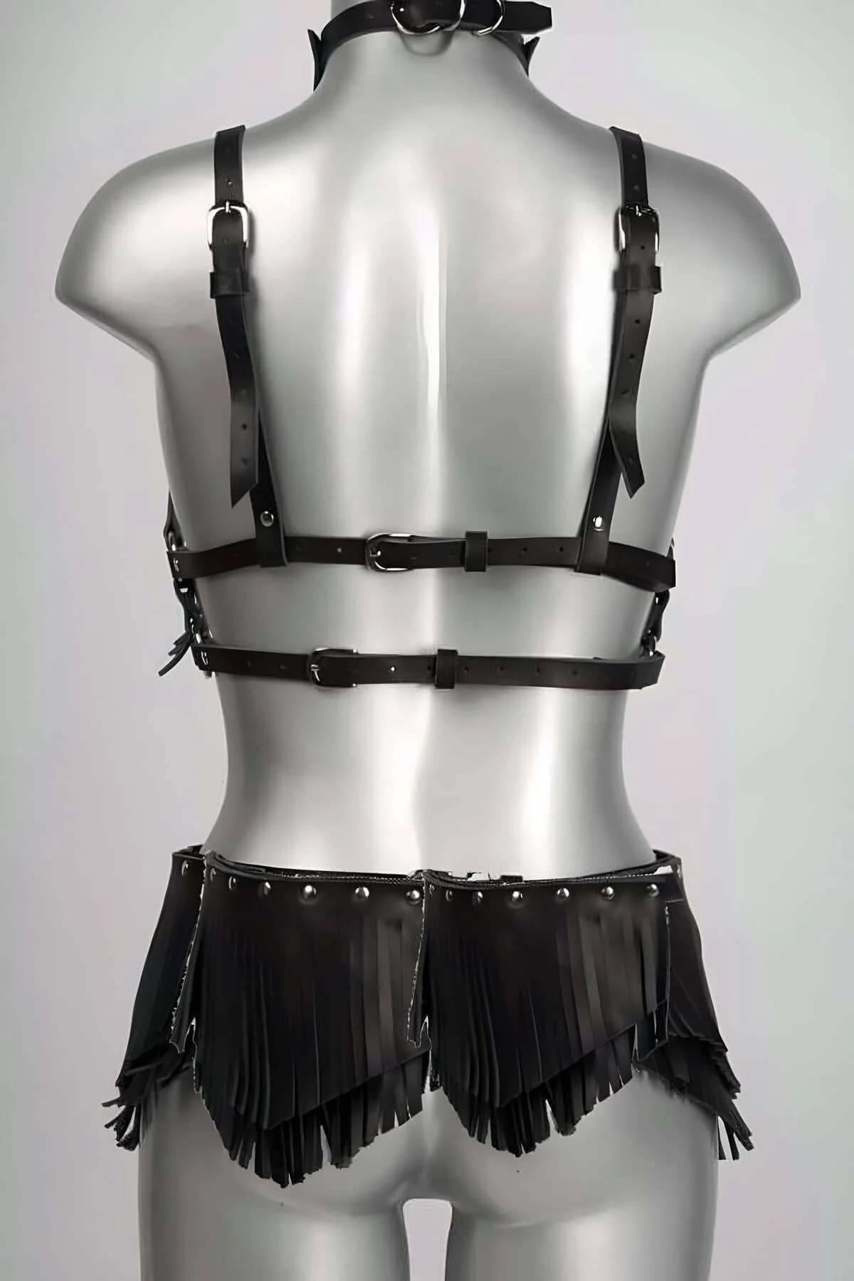 Leather Harness Set with Fringe and Studs - Adjustable Fashion