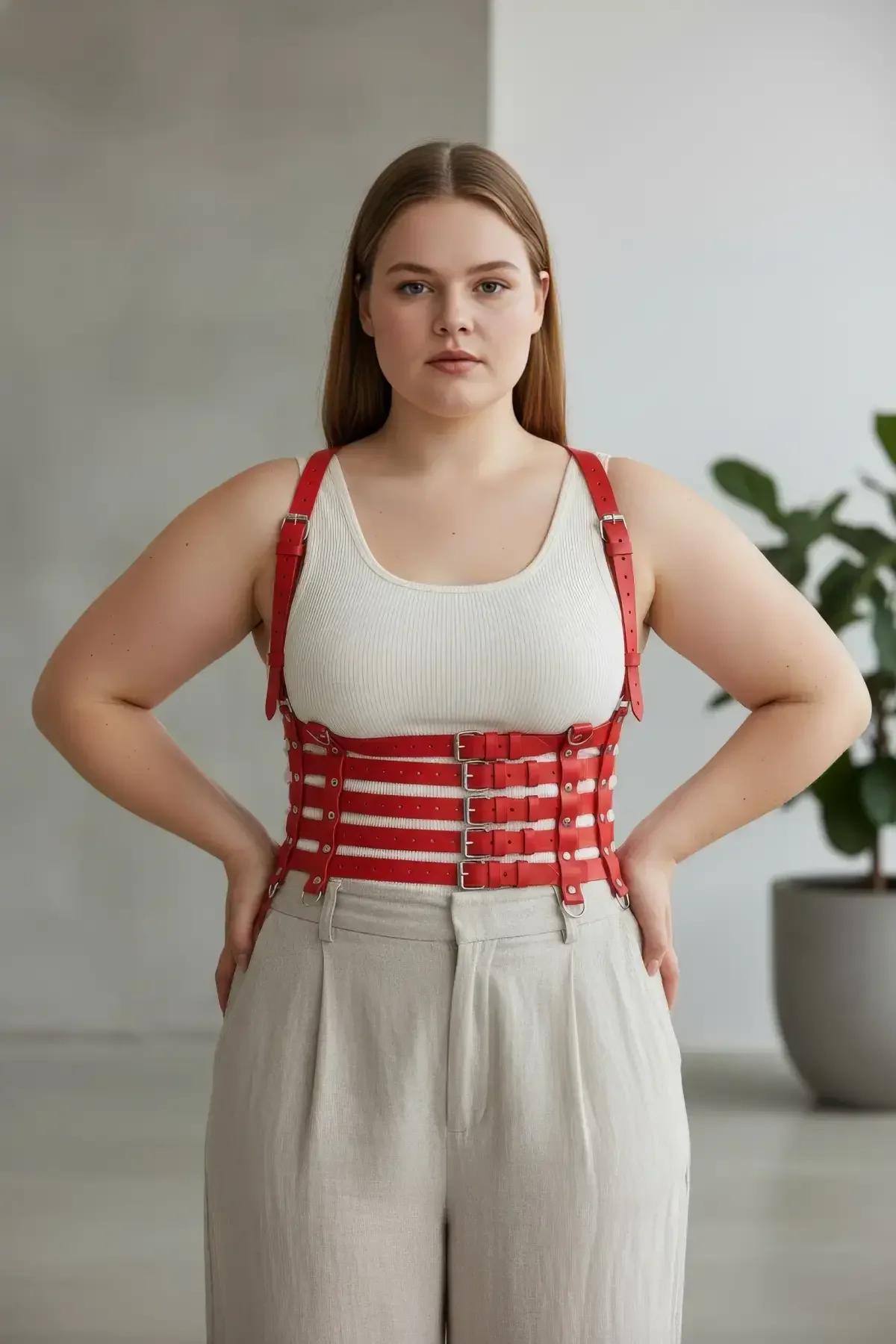 Red Faux Leather Multi-Strap Body Harness with Buckles