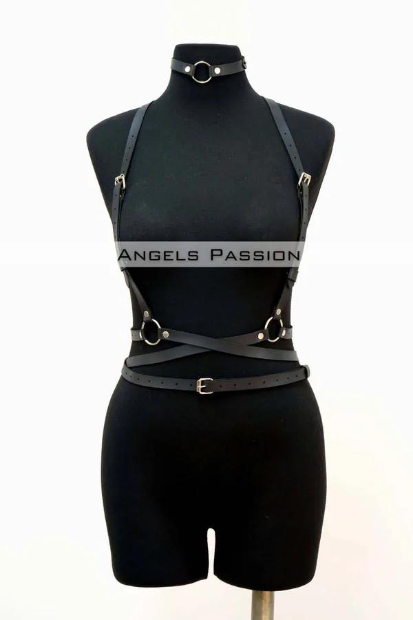 Adjustable Leather Harness Belt and Choker Set for Women