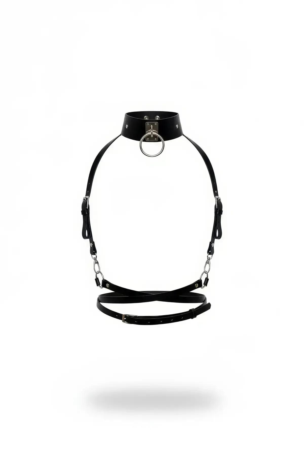 Choker Harness with O-Ring, Chain, and Waist Straps