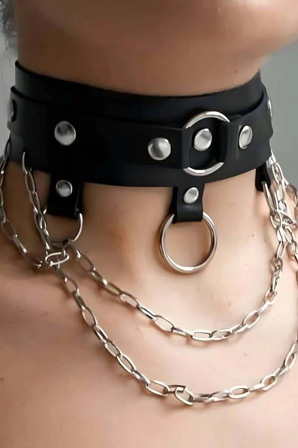 Black Leather Choker Necklace with O-Ring & Chain Detail