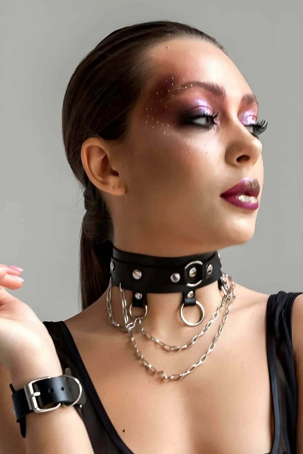 Black Leather Choker Necklace with O-Ring & Chain Detail