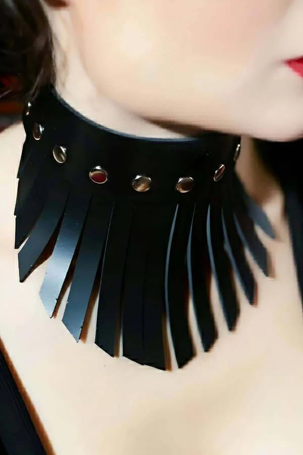 Black Leather Choker Collar with Fringe Tassels & Studs