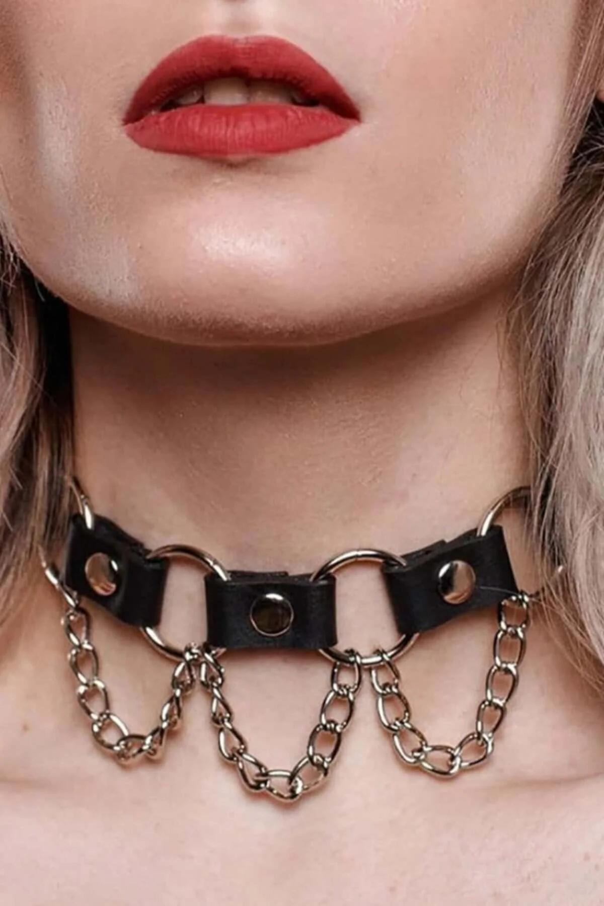 Leather Chain Choker Necklace with O-Rings and Dangles
