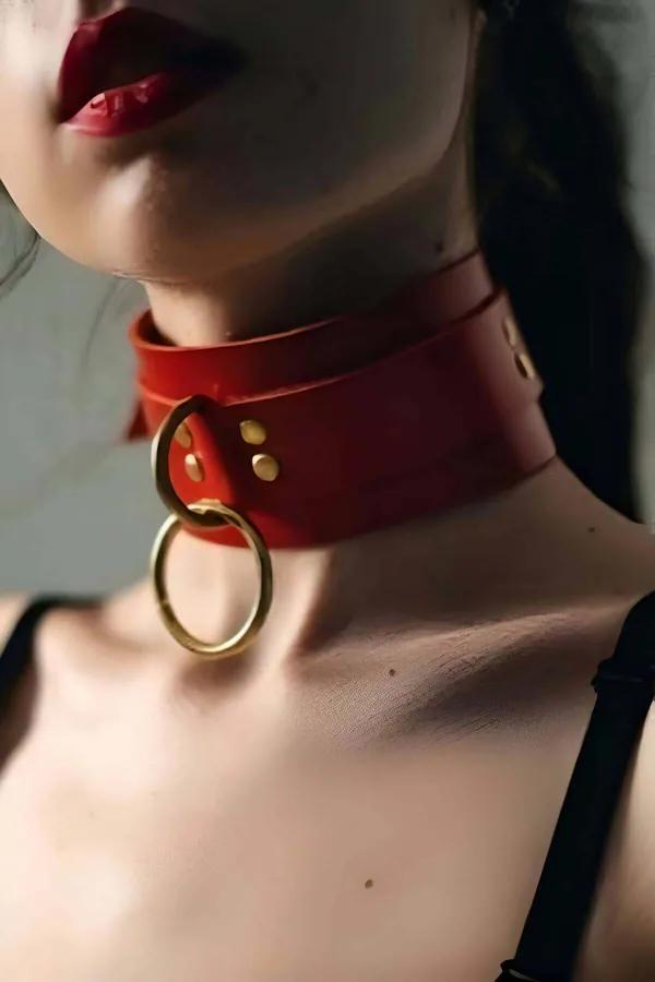 Red Leather Choker Collar with O-Ring Detail - Adjustable