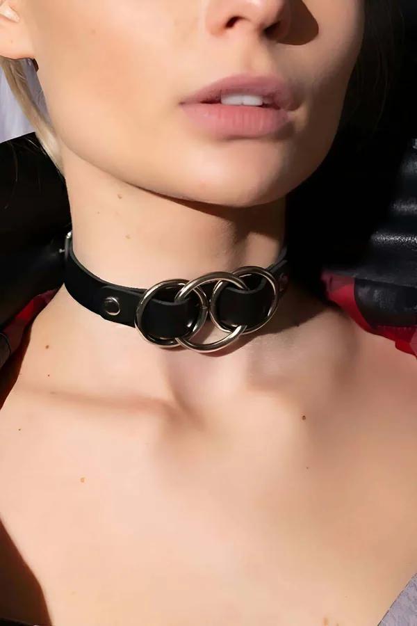 Triple Ring Black Faux Leather Choker