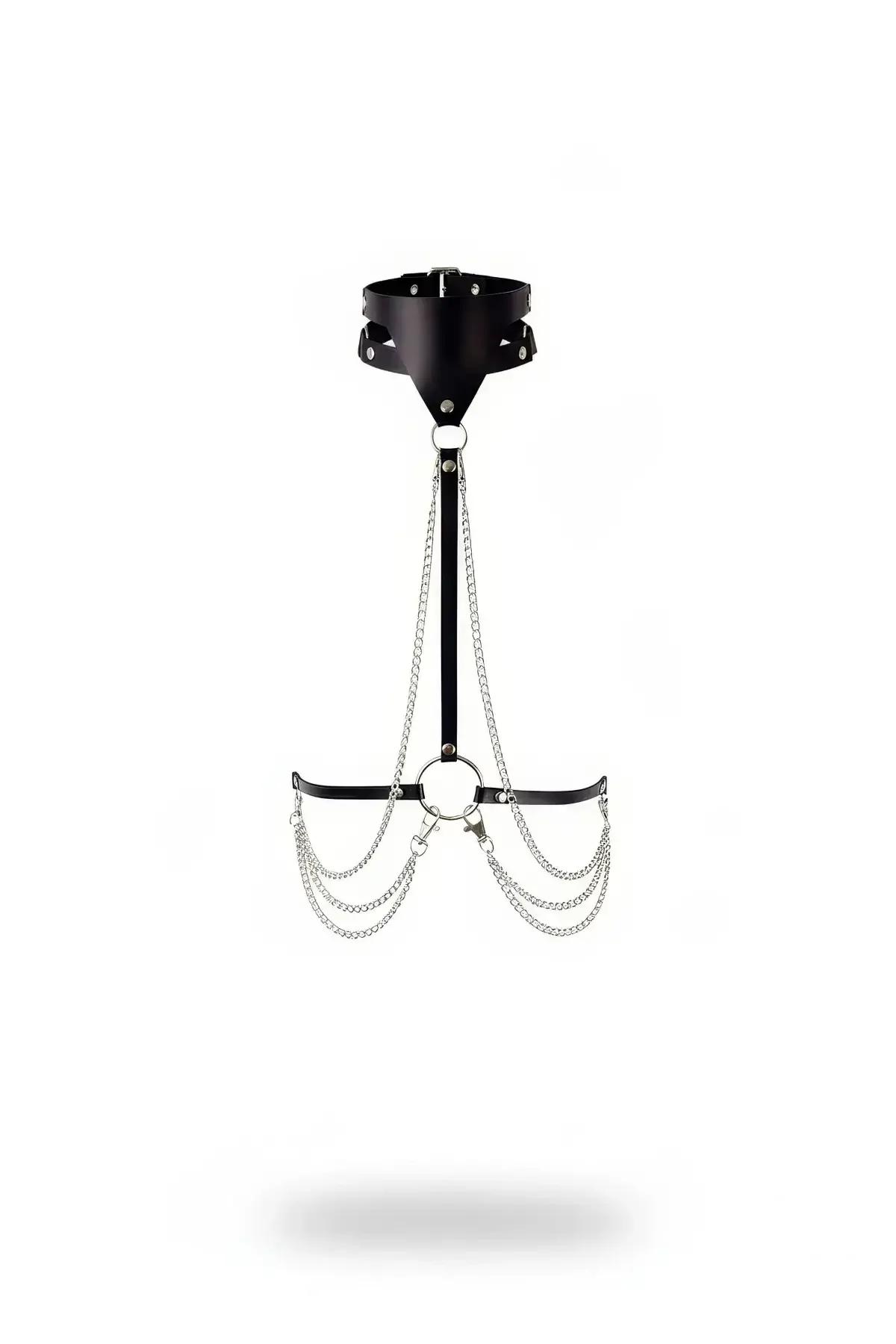 Chained Faux Leather Collar Harness with Cascading Chains