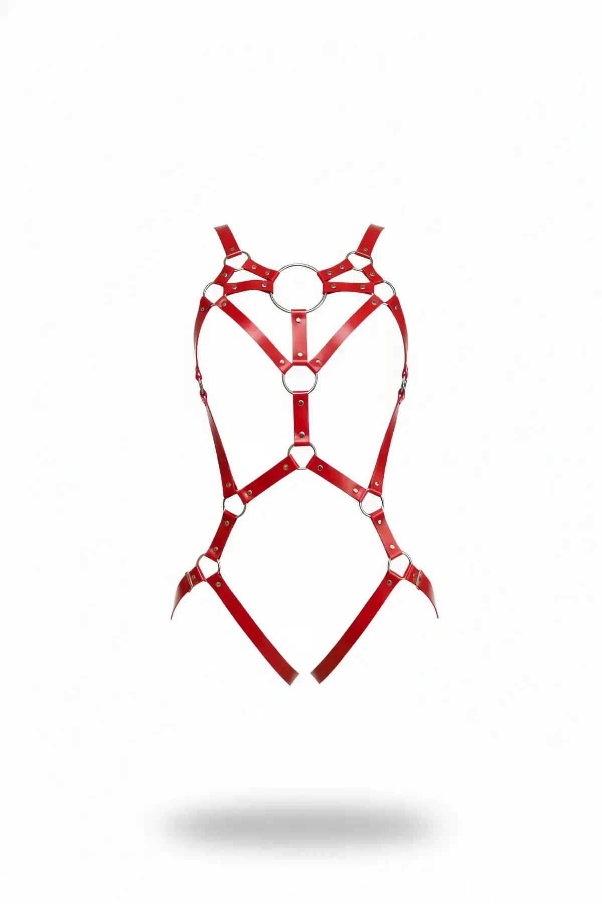 Red Adjustable Body Harness with O-Ring Details - Faux Leather