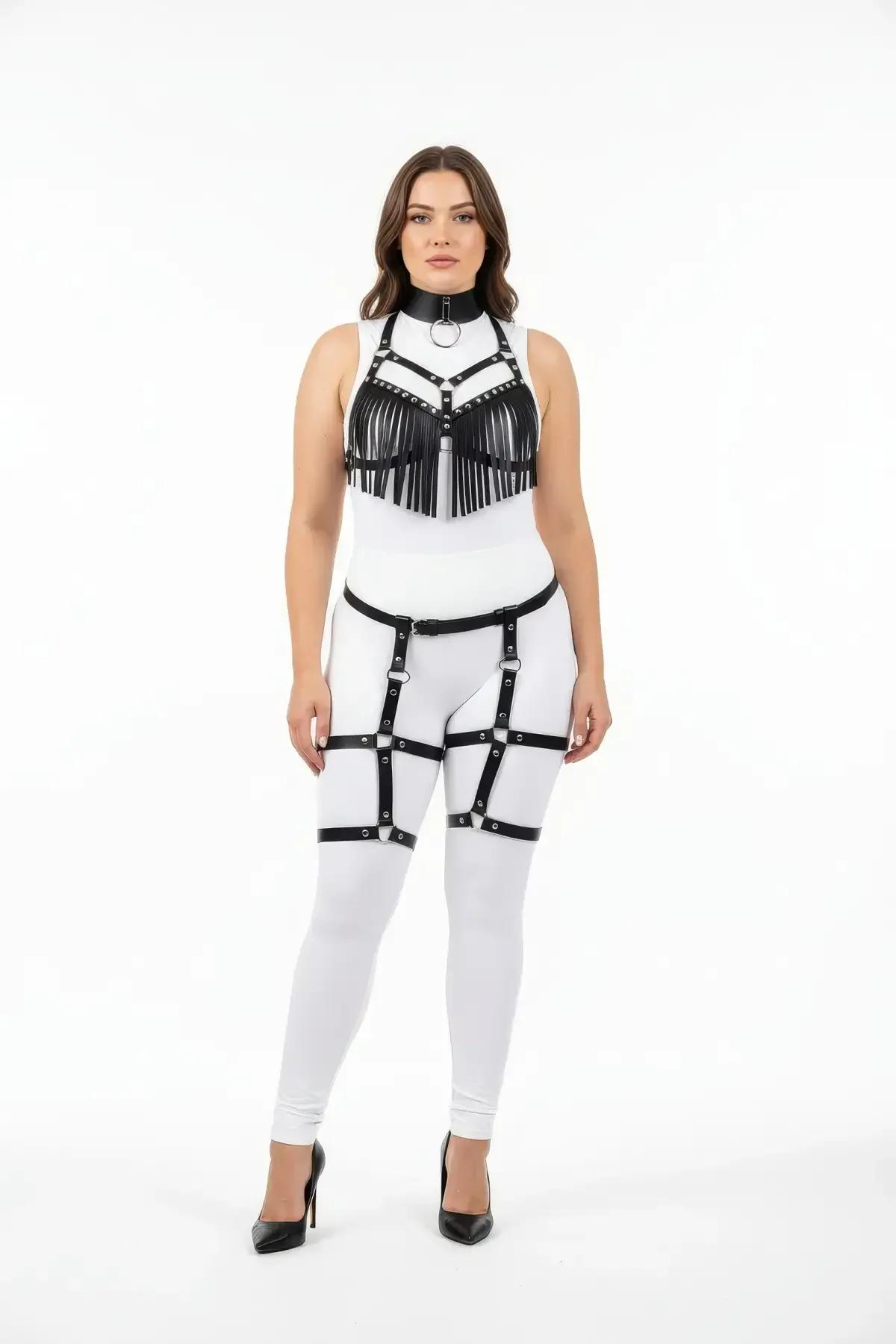 Fringed Faux Leather Harness Set with Garter Straps