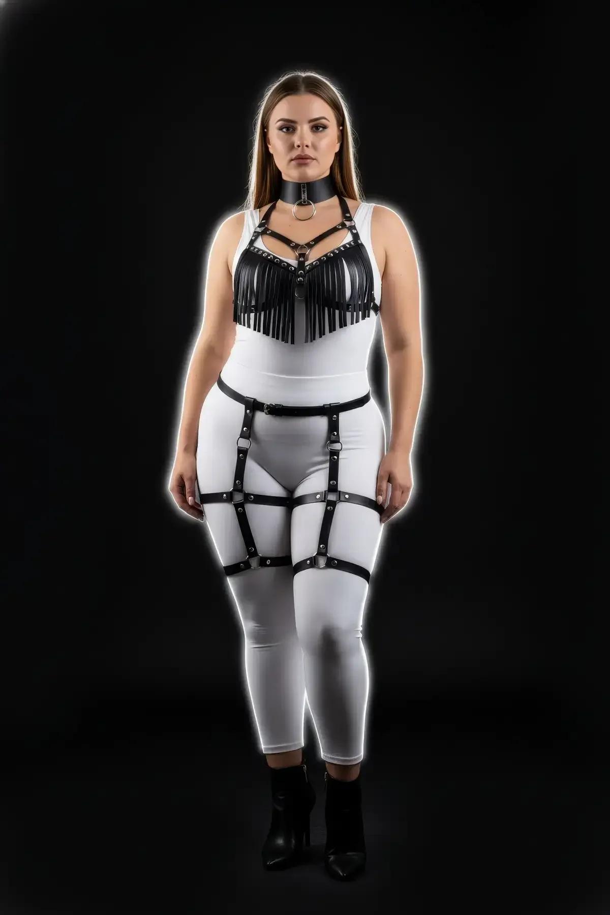 Fringed Faux Leather Harness Set with Garter Straps