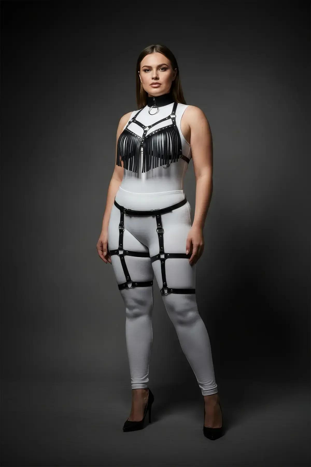 Fringed Faux Leather Harness Set with Garter Straps