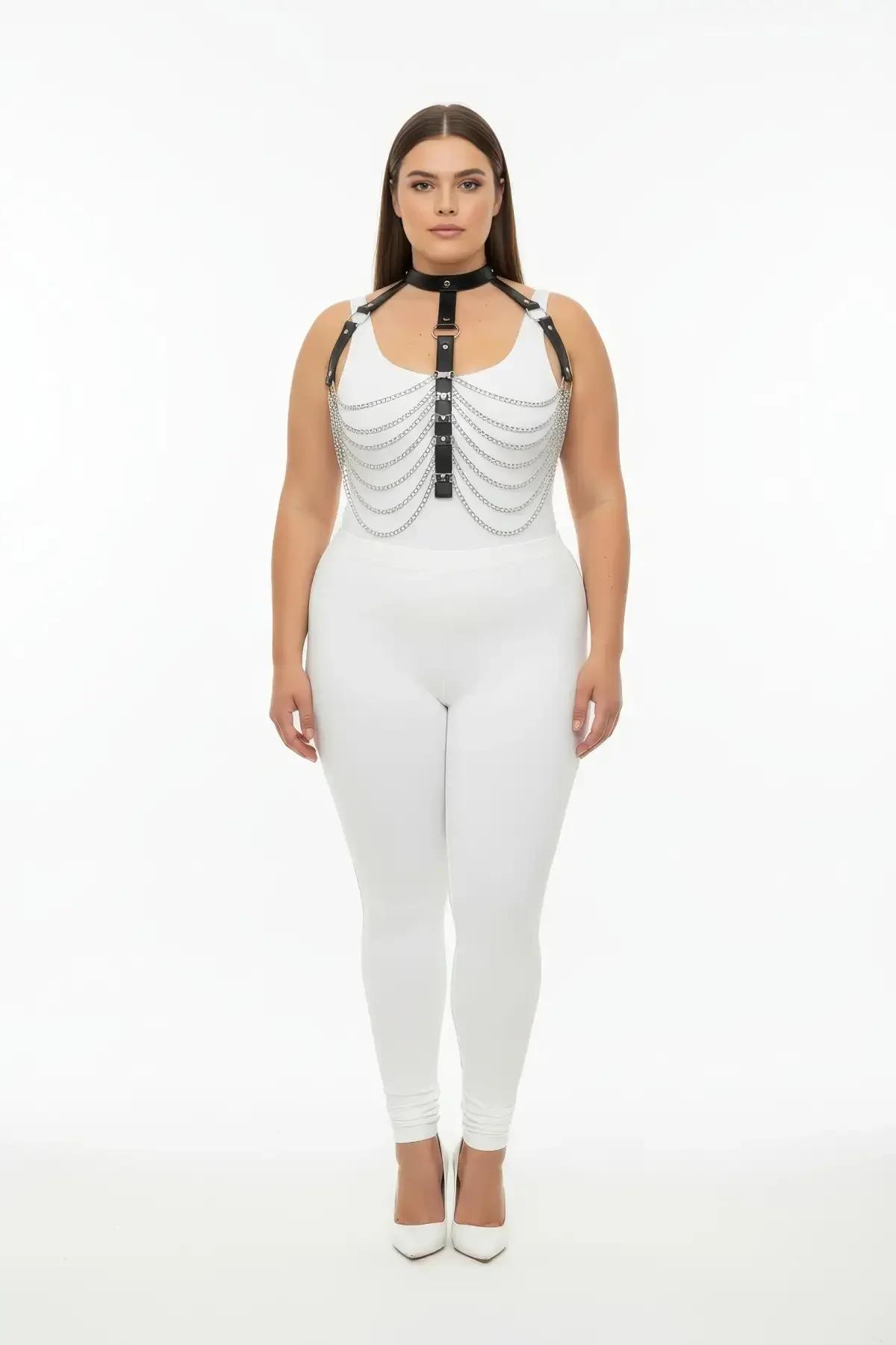 Chained Faux Leather Body Harness with Collar