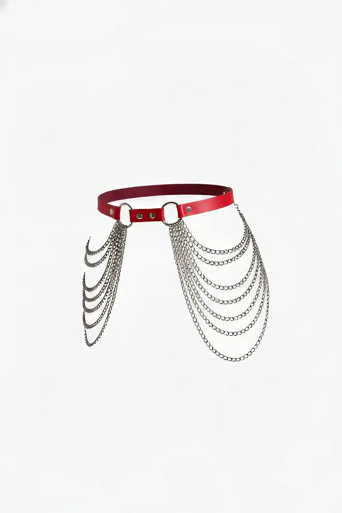 Red Waist Harness with Multi-Layered Silver Chains