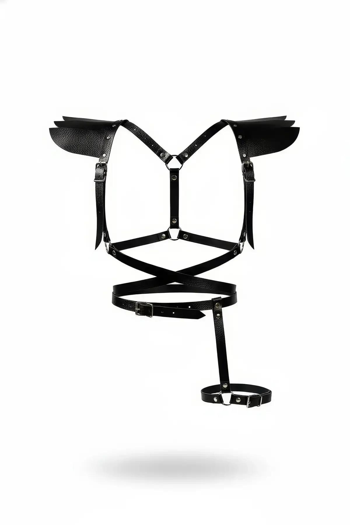 Faux Leather Body Harness with Wing Shoulder Pads & Garter