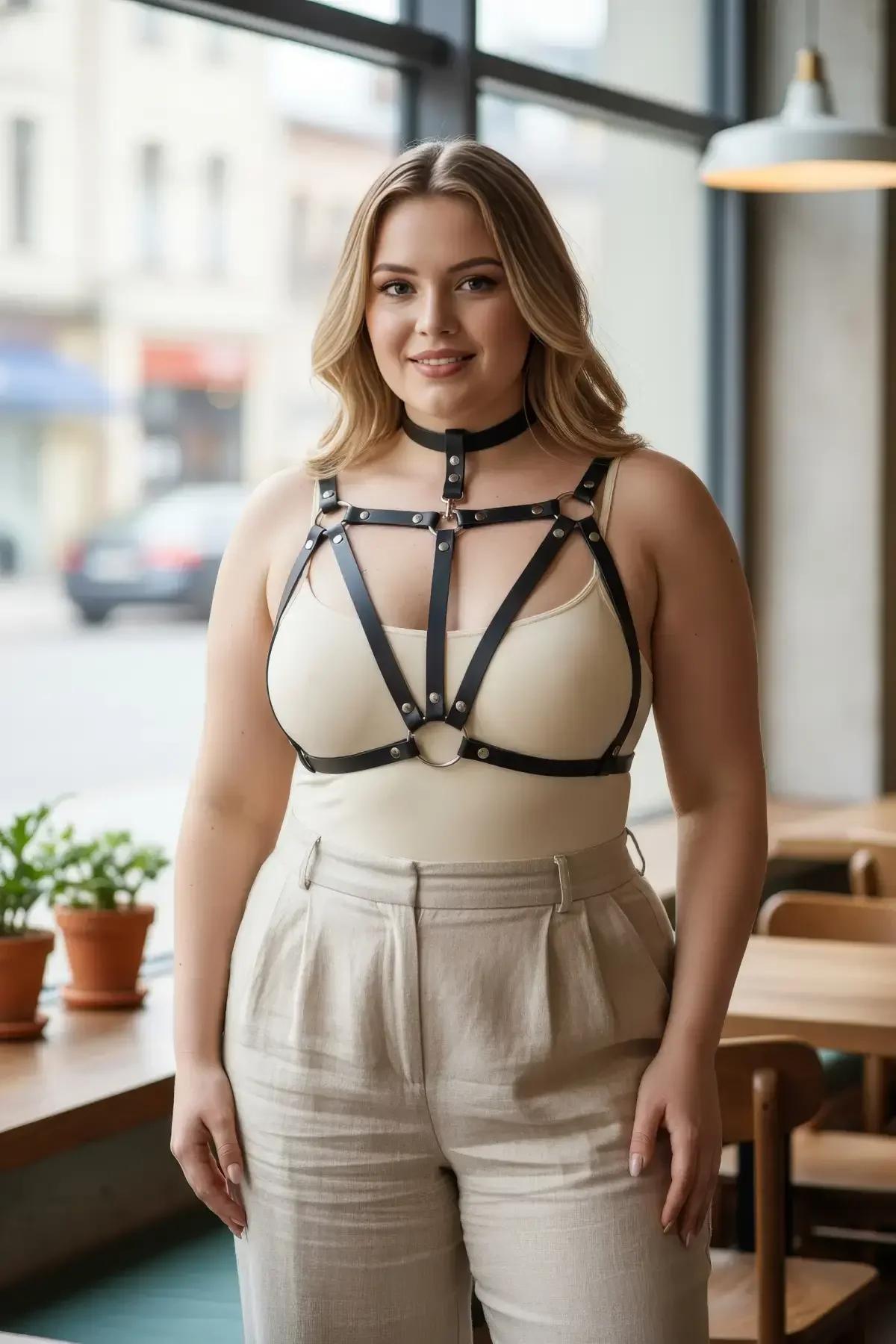 ខ្សែក្រវាត់រុំទ្រូង ពណ៌ខ្មៅបុរាណម៉ូដហានេស តុបតែងកង O-ring ដែកមូលពណ៌ប្រាក់ចំកណ្តាលដើមទ្រូង និង rivets ភ្ជាប់គ្នាយ៉ាងណែន