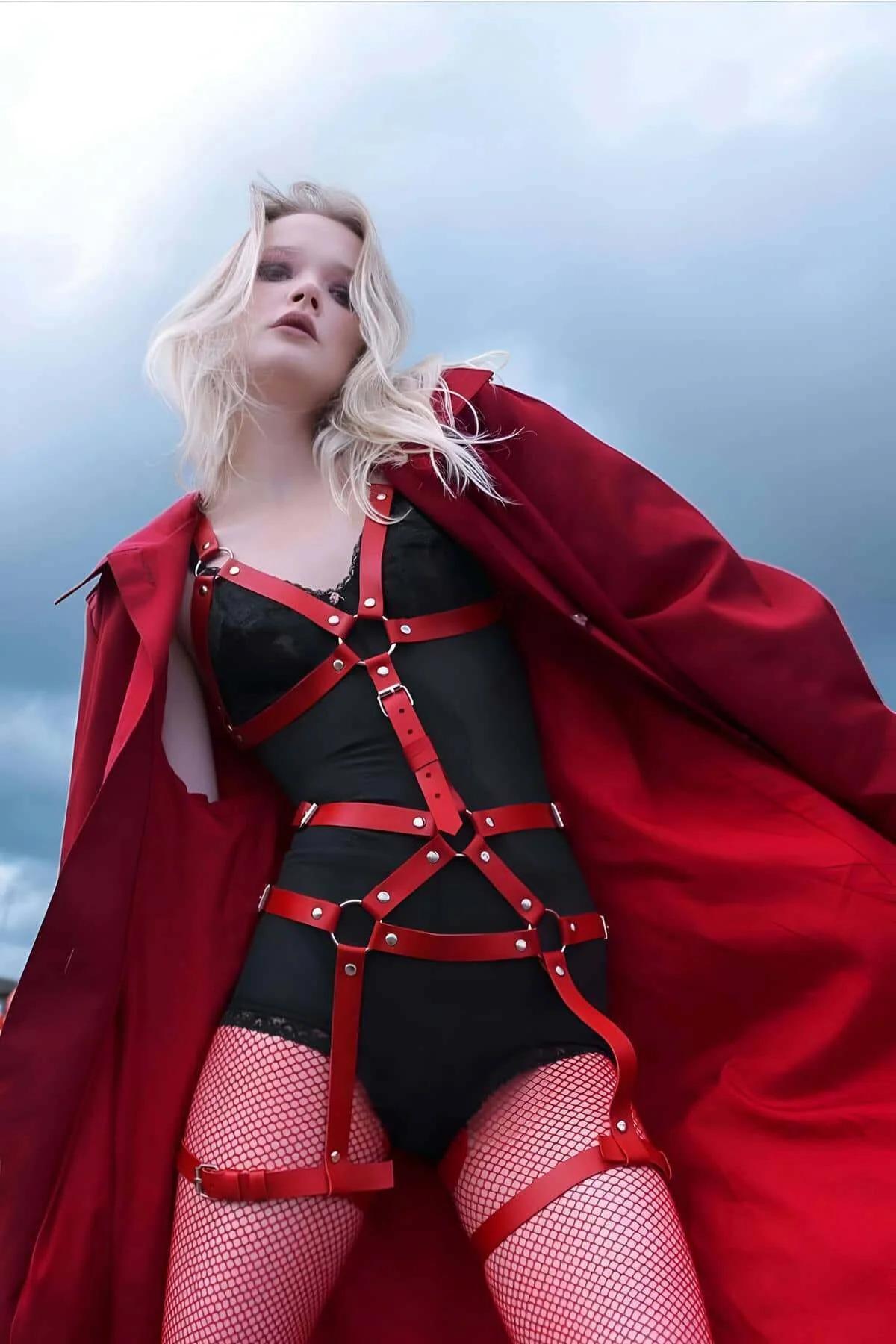Red Leather Body Harness – Adjustable Fashion Accessory