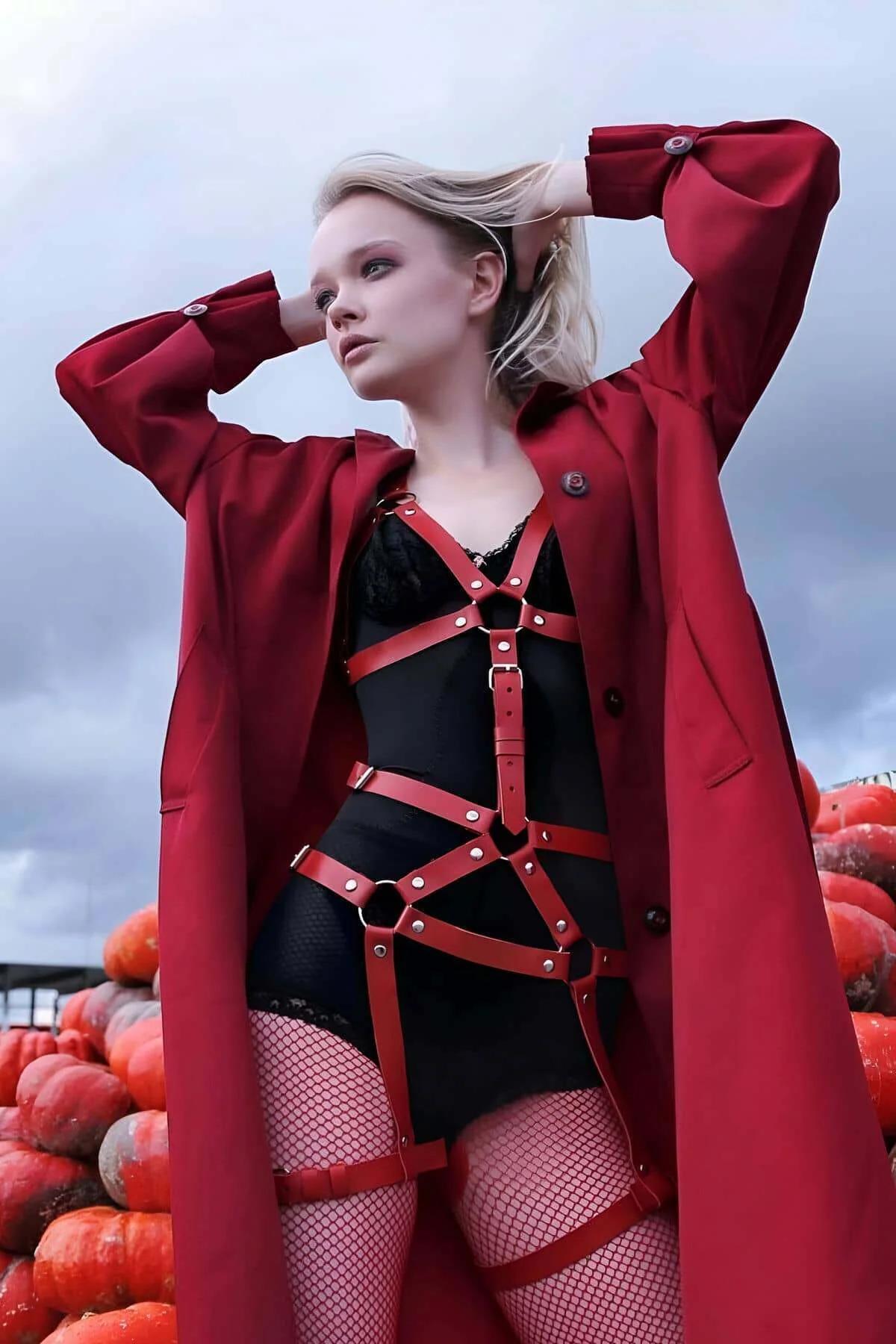 Red Leather Body Harness – Adjustable Fashion Accessory