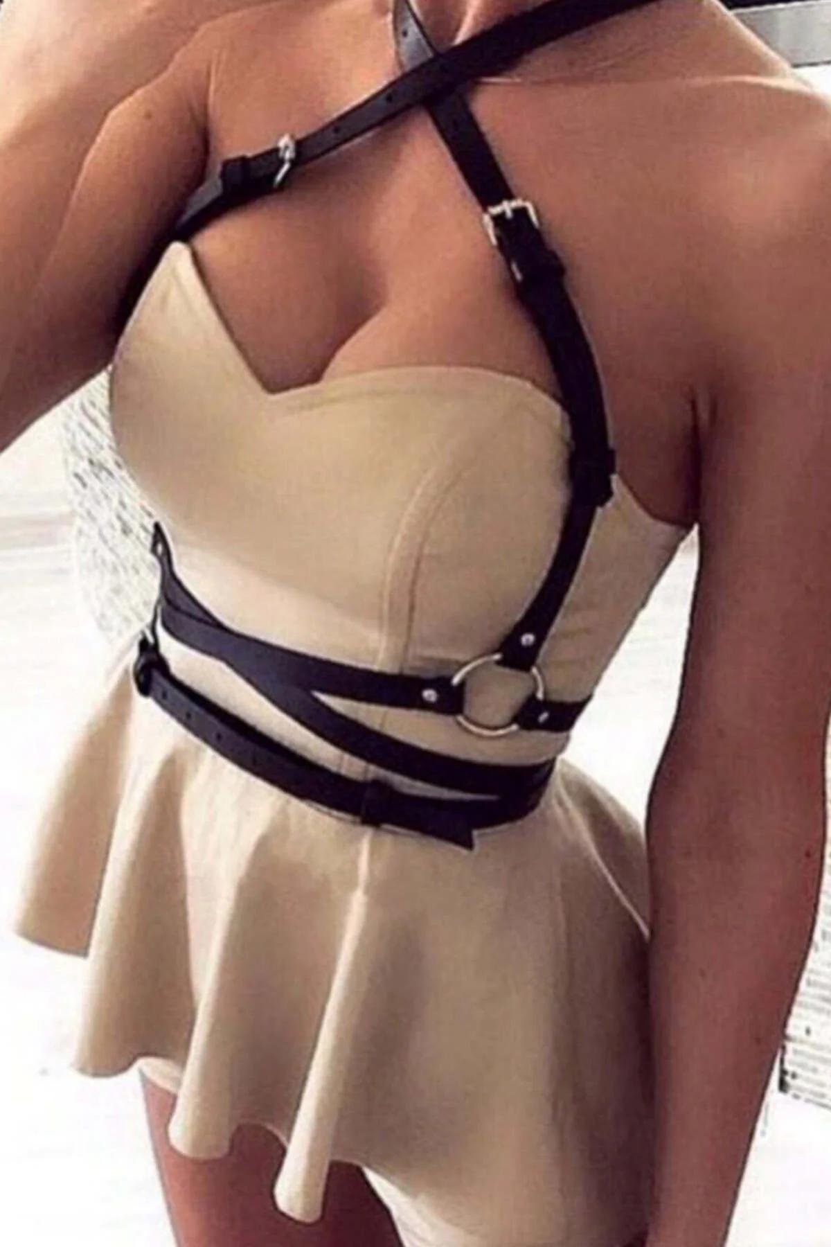 Women's Adjustable Black Leather Body Harness Belt