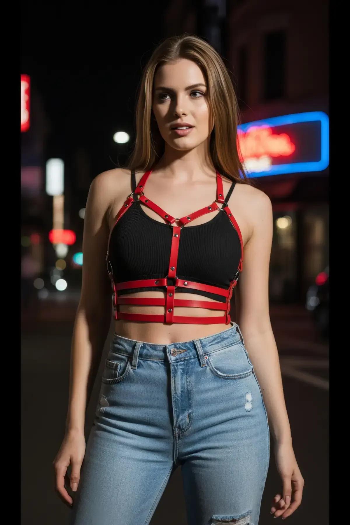 Red Vegan Leather Chest Harness with Multi-Strap Ribcage Detail