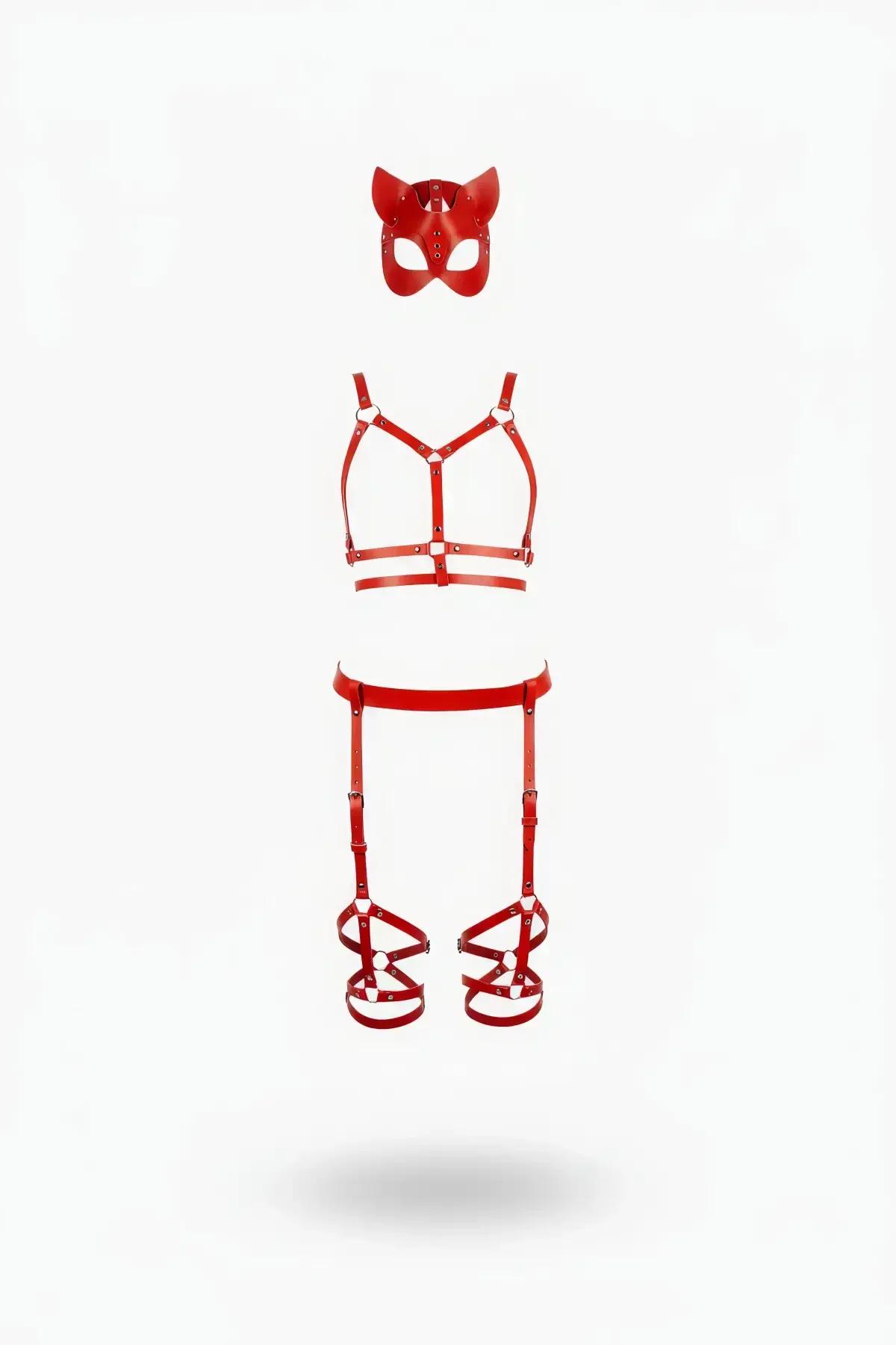 Red Faux Leather Body Harness Set with Garter & Mask