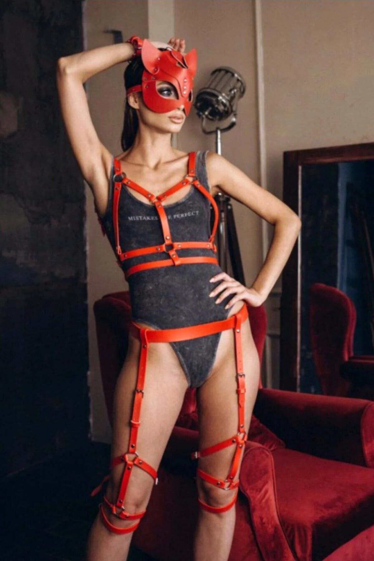 Red Leather Body Harness Set - Adjustable Fit with Mask