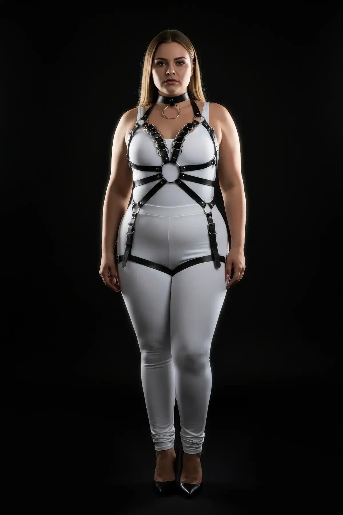 Plus Size Black Leather Body Harness Suit for Women