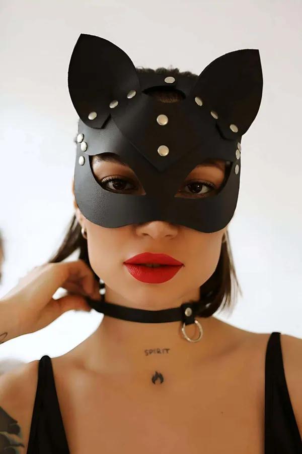 Leather Cat Mask Choker Leash Set with Studs for Roleplay