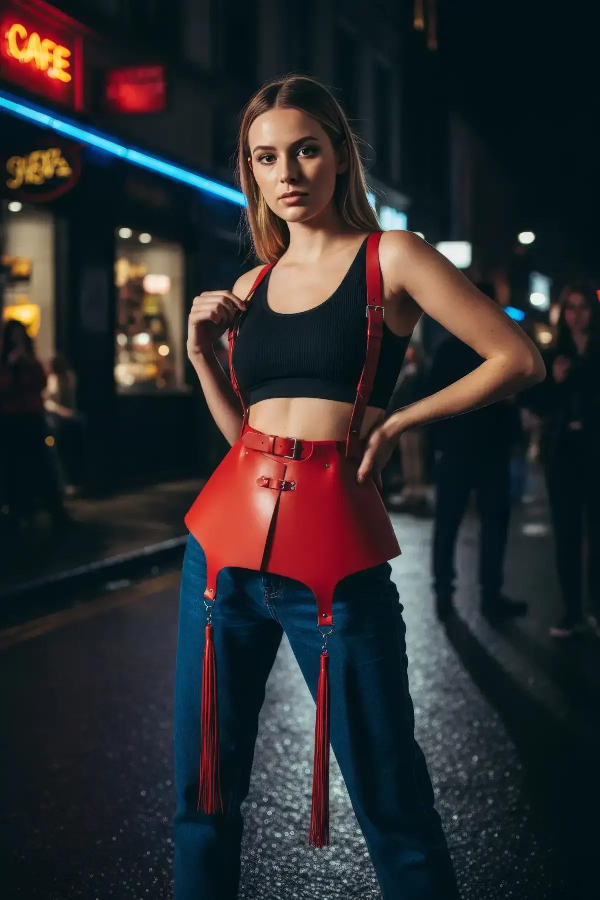 Red Peplum Harness with Adjustable Suspender Tassels