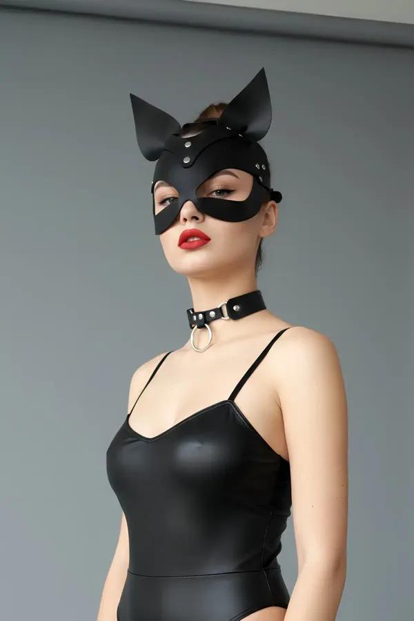 Faux Leather Cat Mask with Adjustable Ears & Choker