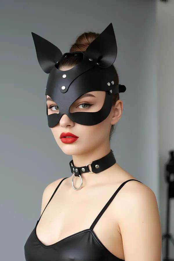 Faux Leather Cat Mask with Adjustable Ears & Choker