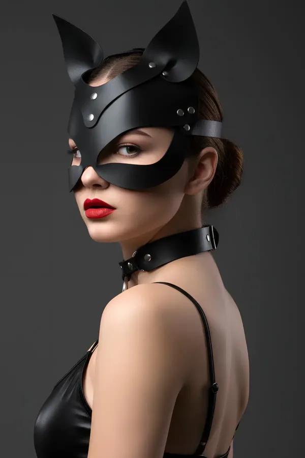 Faux Leather Cat Mask with Adjustable Ears & Choker