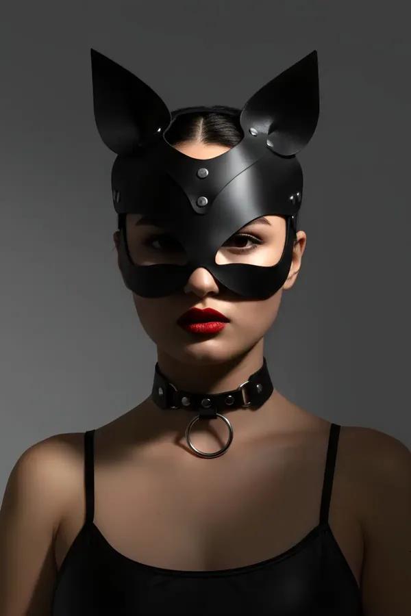 Faux Leather Cat Mask with Adjustable Ears & Choker